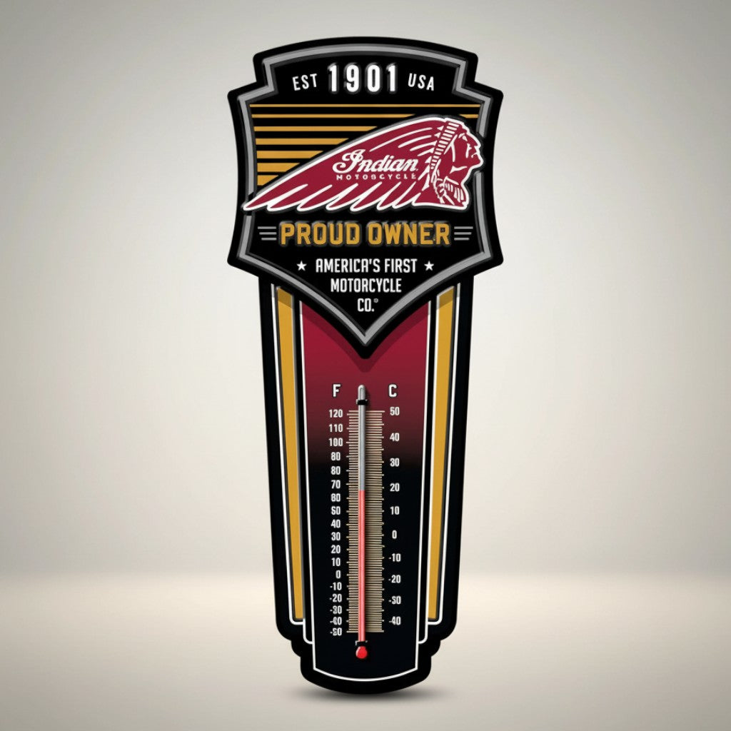 Jones Peak Indian Motorcycle Proud Owner embossed metal thermometer with vintage advertising character. Reads temperature in F and C.