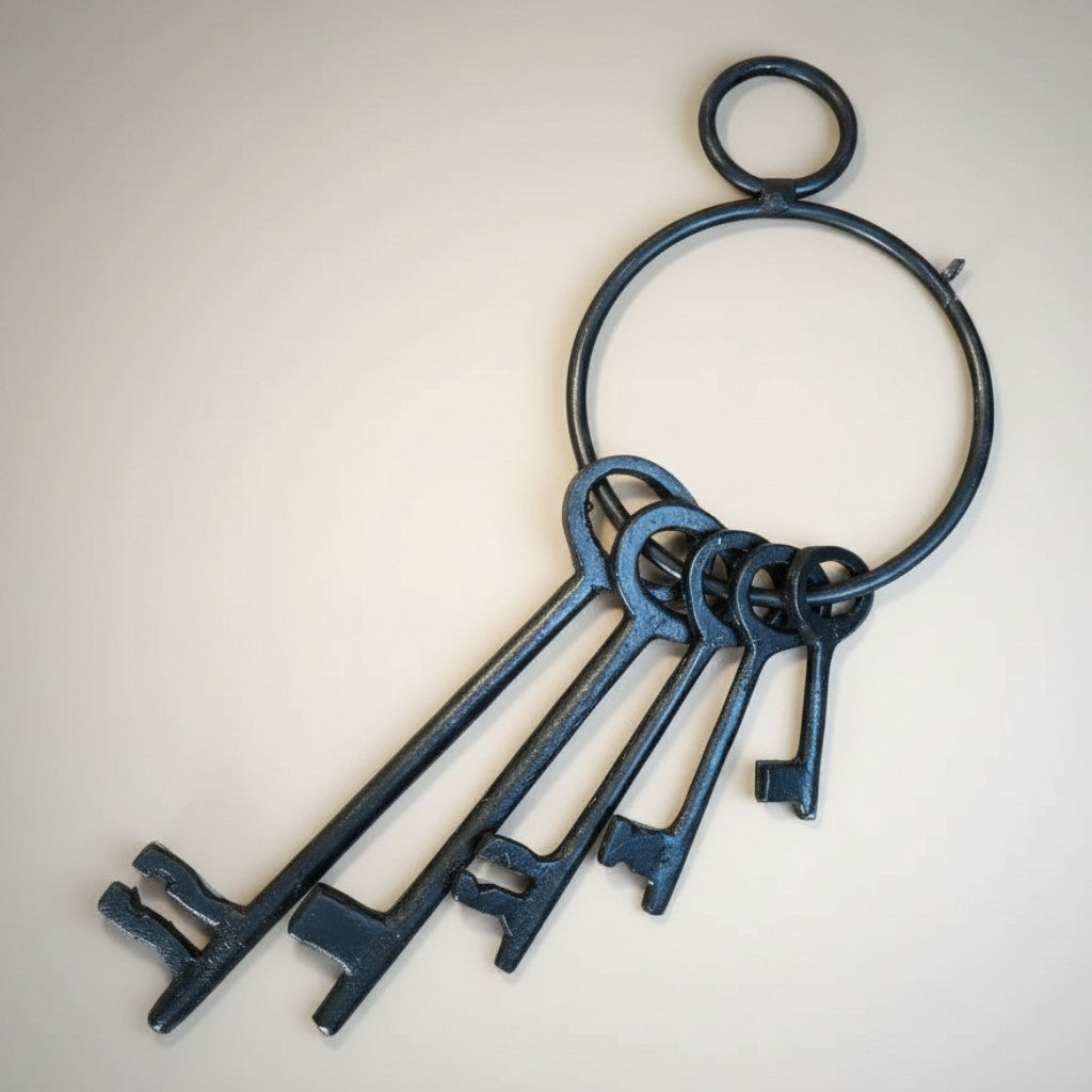 Jones Peak jailhouse cast iron keys with ring, hand-antiqued and distressed finish, 2"-6" long.