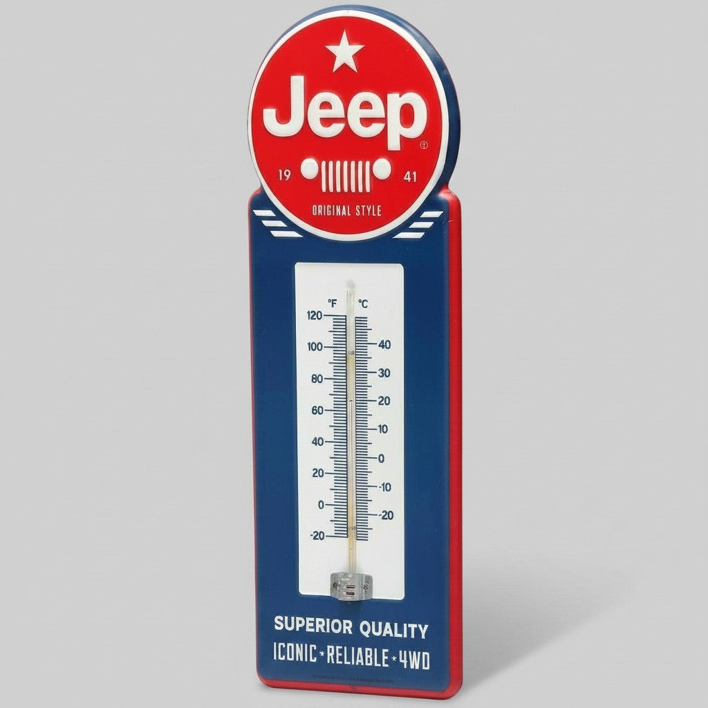 Jones Peak Jeep embossed metal wall thermometer with red, white, and blue vintage automotive advertising design.