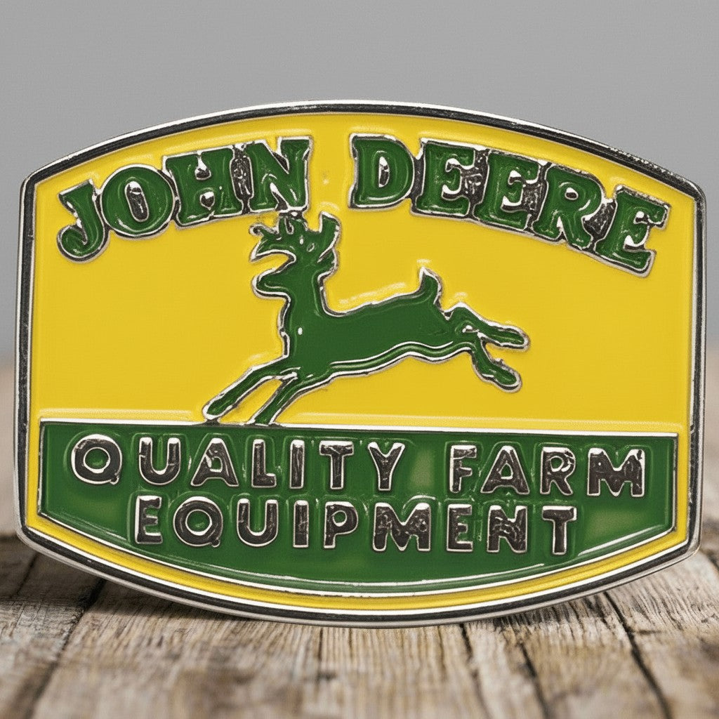 Jones Peak John Deere quality farm equipment enameled metal pin with yellow and green vintage logo design