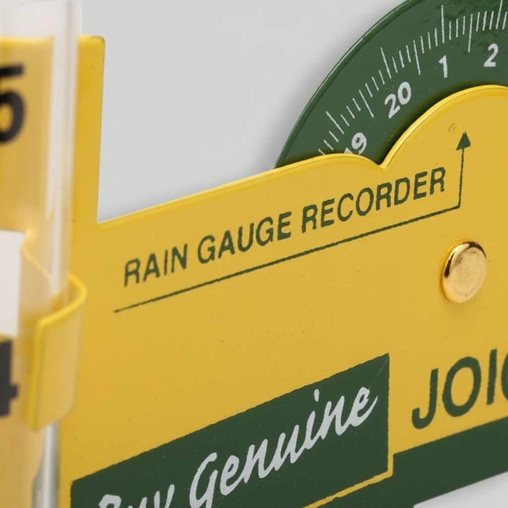 Jones Peak John Deere metal rain gauge with vintage yellow and green finish and clear measurement tube