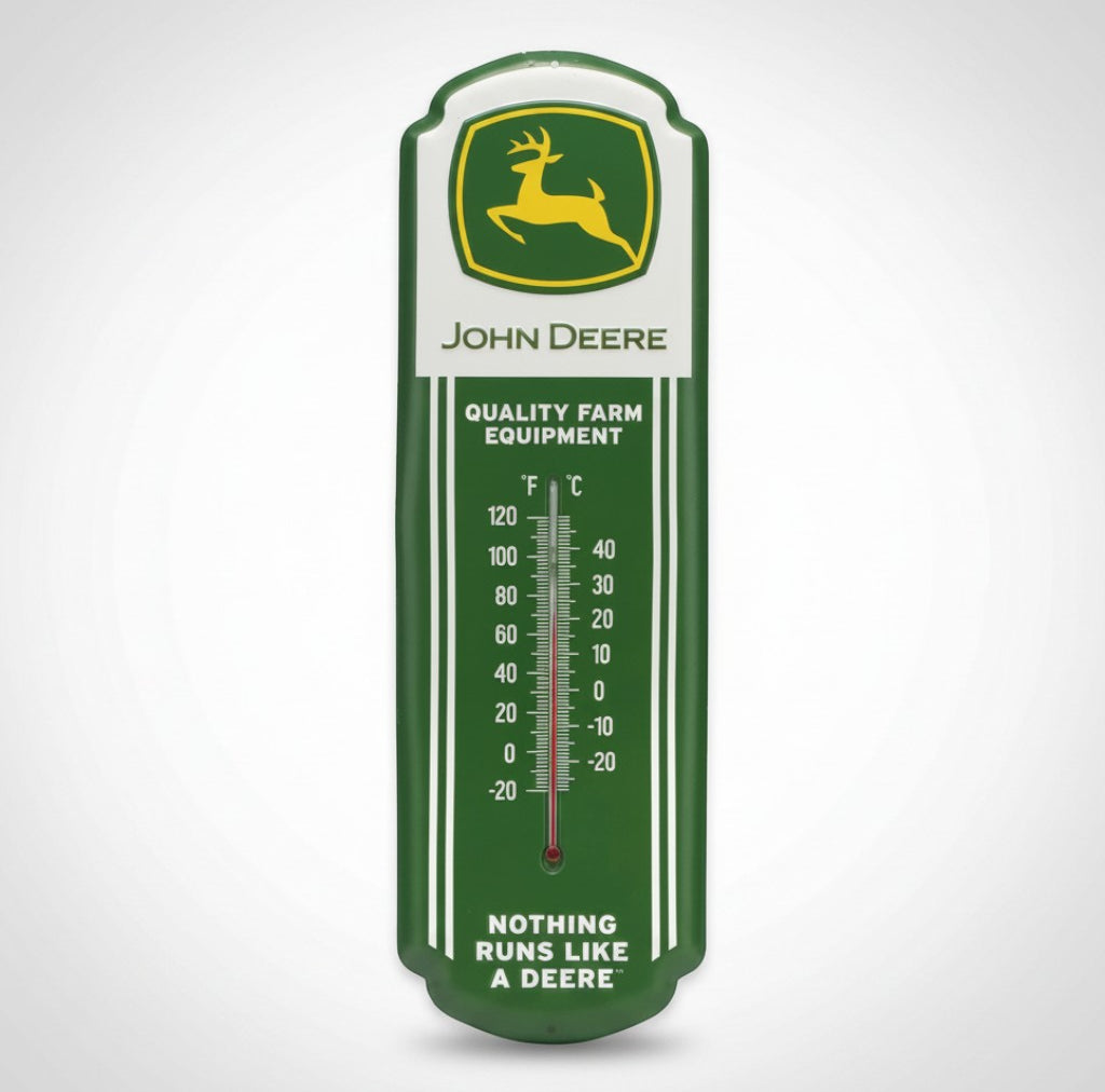 Jones Peak John Deere embossed metal wall thermometer in green and yellow with vintage farm equipment branding