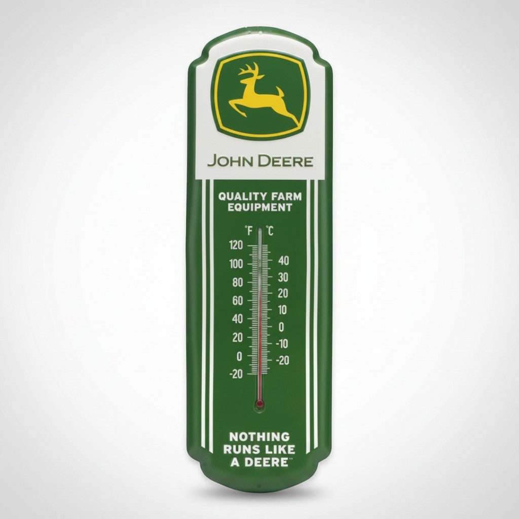 Jones Peak John Deere embossed metal wall thermometer in green and yellow with vintage farm equipment branding
