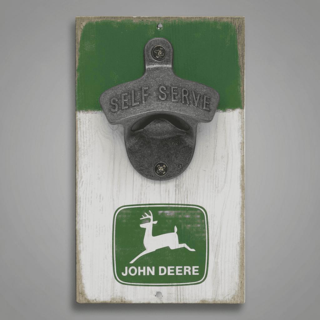 Jones Peak John Deere wall-mounted bottle opener featuring a vintage green and white wood plaque with metal hardware.
