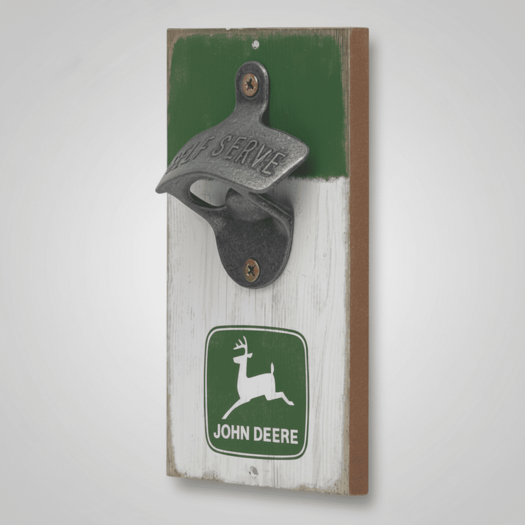 Jones Peak John Deere logo wall-mounted bottle opener featuring a rustic wood plaque with green and white paint.