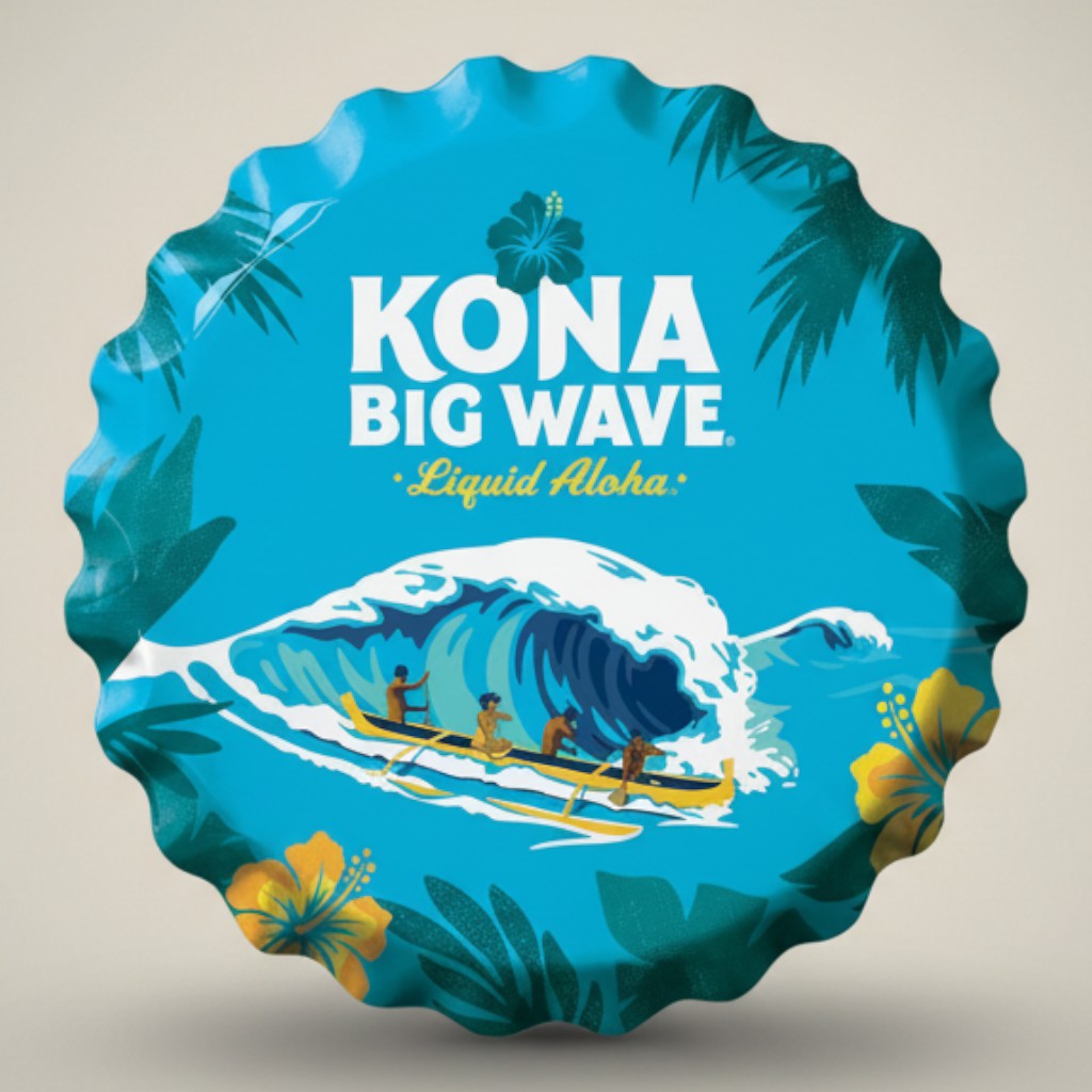 Kona Big Wave bottle cap metal sign with surfers, canoe, tropical leaves and hibiscus flowers
