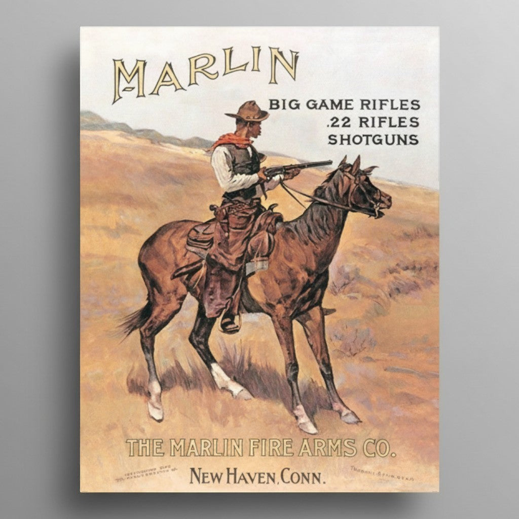 Marlin Cowboy Big Game Rifles metal wall sign with horseback rider and desert artwork