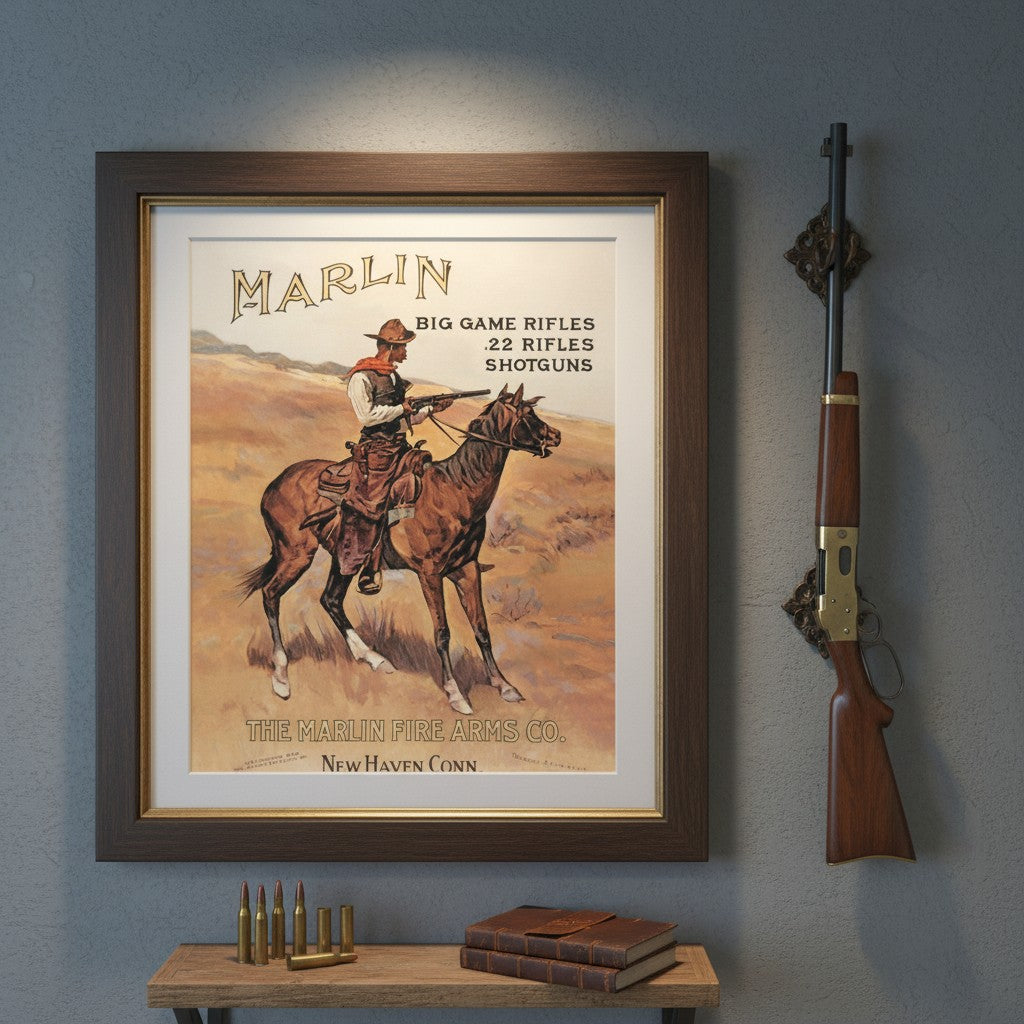 Marlin Cowboy Big Game Rifles metal wall sign with horseback rider and desert artwork
