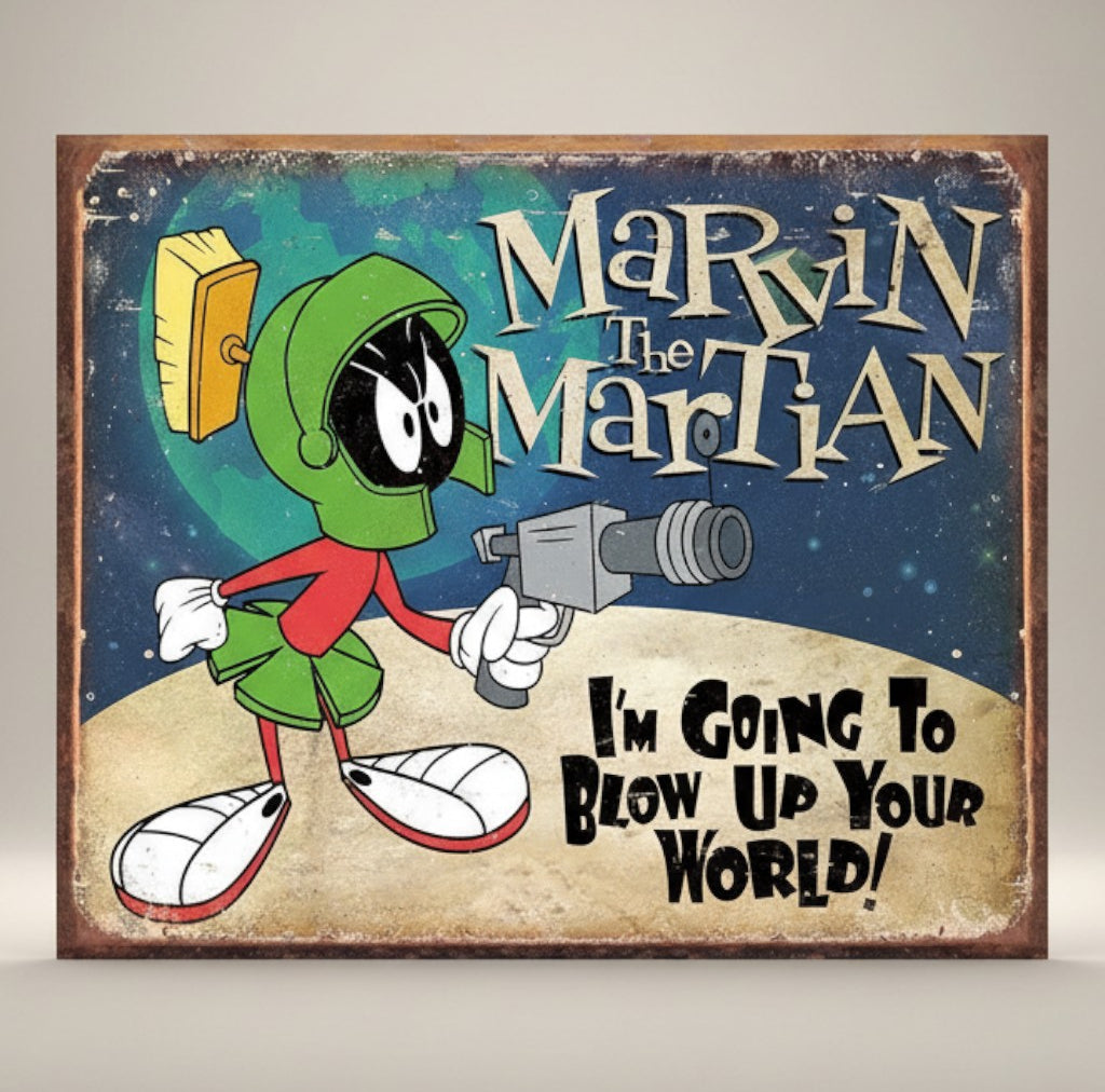 Marvin the Martian metal sign with cartoon character holding ray gun and broom