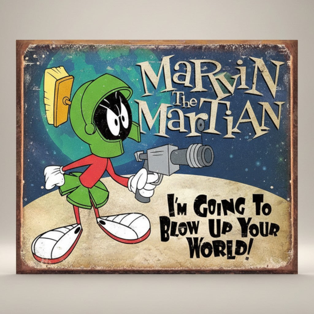 Marvin the Martian metal sign with cartoon character holding ray gun and broom