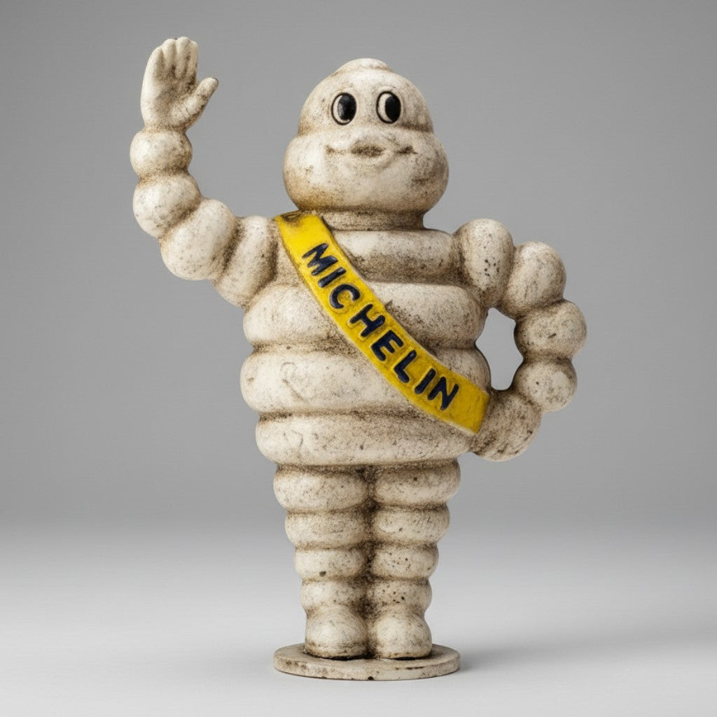 Jones Peak cast iron Michelin Man coin bank with a hand-painted antique patina and yellow sash on a grey background.