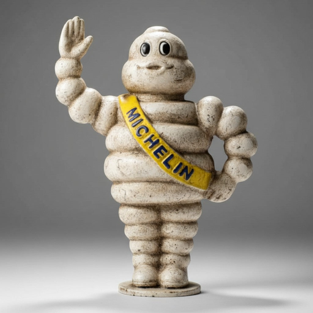 Jones Peak Michelin Man cast iron coin bank with hand-painted antique patina finish and vintage automotive style.