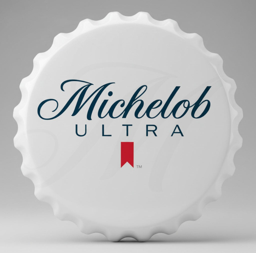 Jones Peak Michelob Ultra metal bottle cap sign with white finish, navy script, and red ribbon logo for home bars.