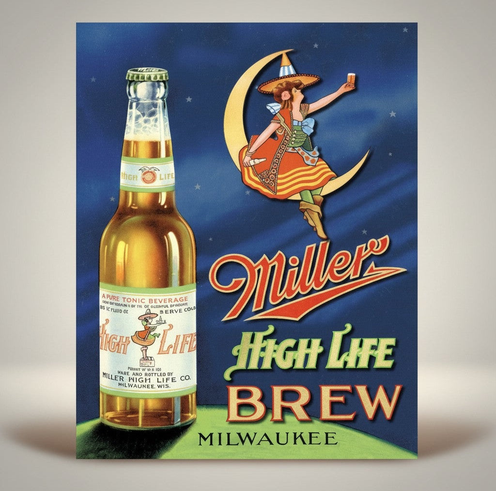 Jones Peak Miller High Life Brew Metal Sign featuring a vintage bottle and a woman on a crescent moon.