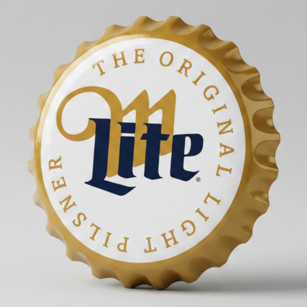 Jones Peak Miller Lite bottle cap metal sign with gold rim, white field, and blue logo for home bars and garages.