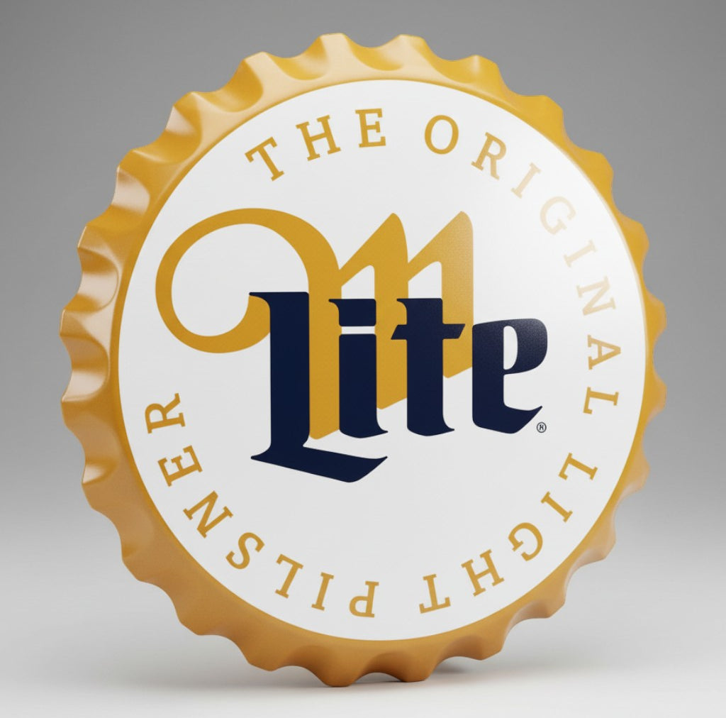 Jones Peak Miller Lite bottle cap metal sign with gold rim, white field, and blue logo for home bar decor