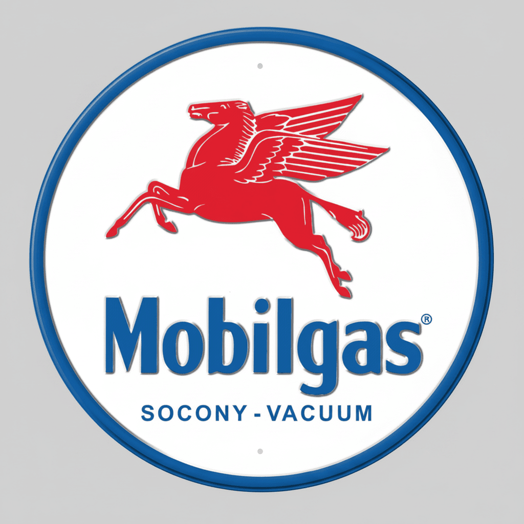Jones Peak round embossed metal Mobilgas sign featuring the iconic red Pegasus logo on a white background.