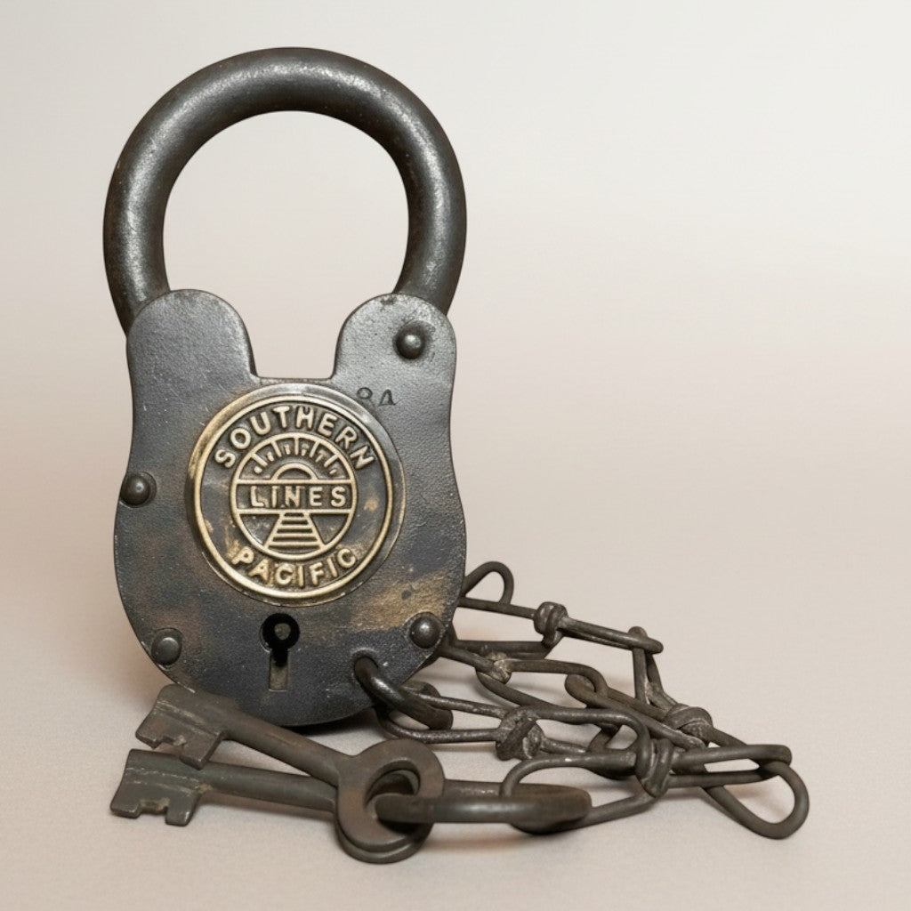 Jones Peak Railroad cast iron lock with chain and brass tag, featuring Southern Pacific Lines logo. Includes two keys.