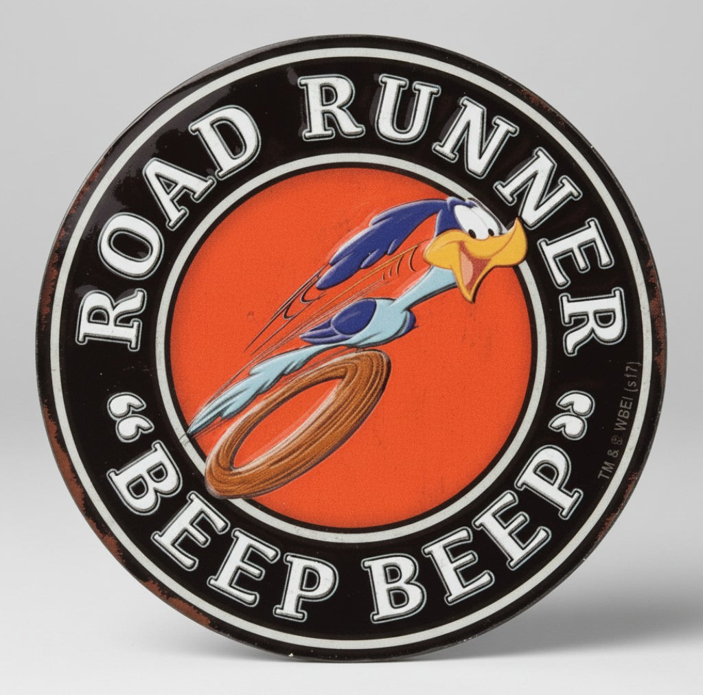 Jones Peak Looney Tunes Road Runner Beep Beep embossed metal magnet with orange center and black border