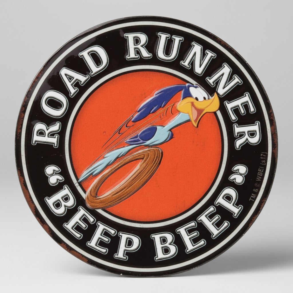 Jones Peak Looney Tunes Road Runner Beep Beep embossed metal magnet with orange center and black border