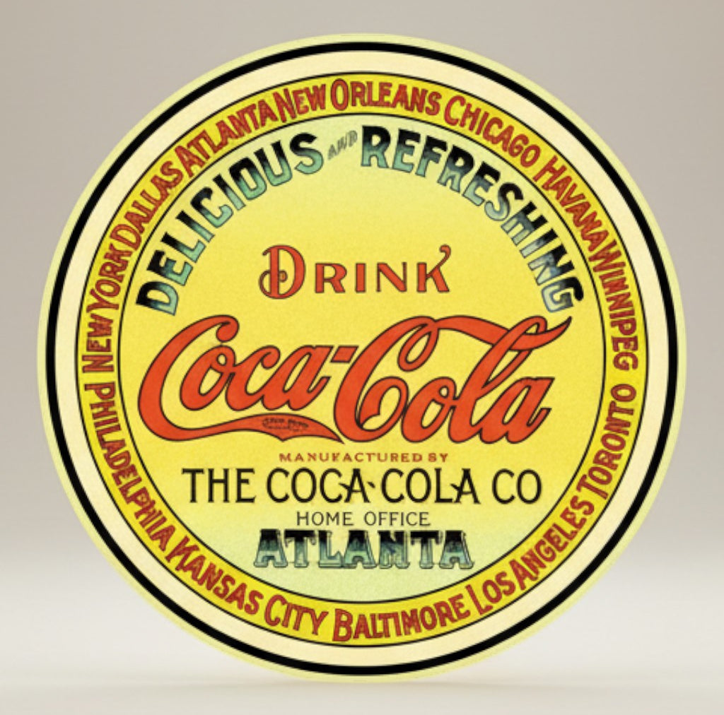 Coca-Cola Keg Label round metal sign with red and yellow vintage label artwork