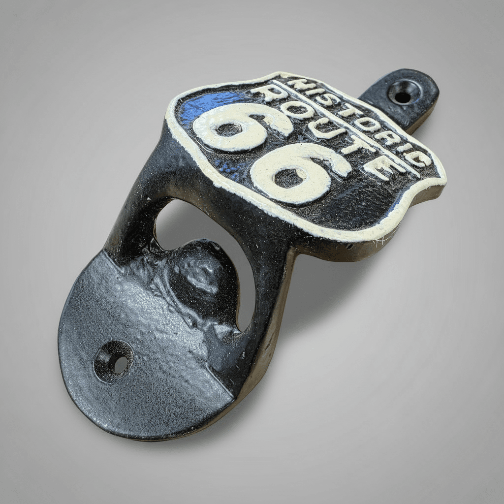 Jones Peak vintage-style cast iron wall-mounted bottle opener featuring a black and white Historic Route 66 sign.
