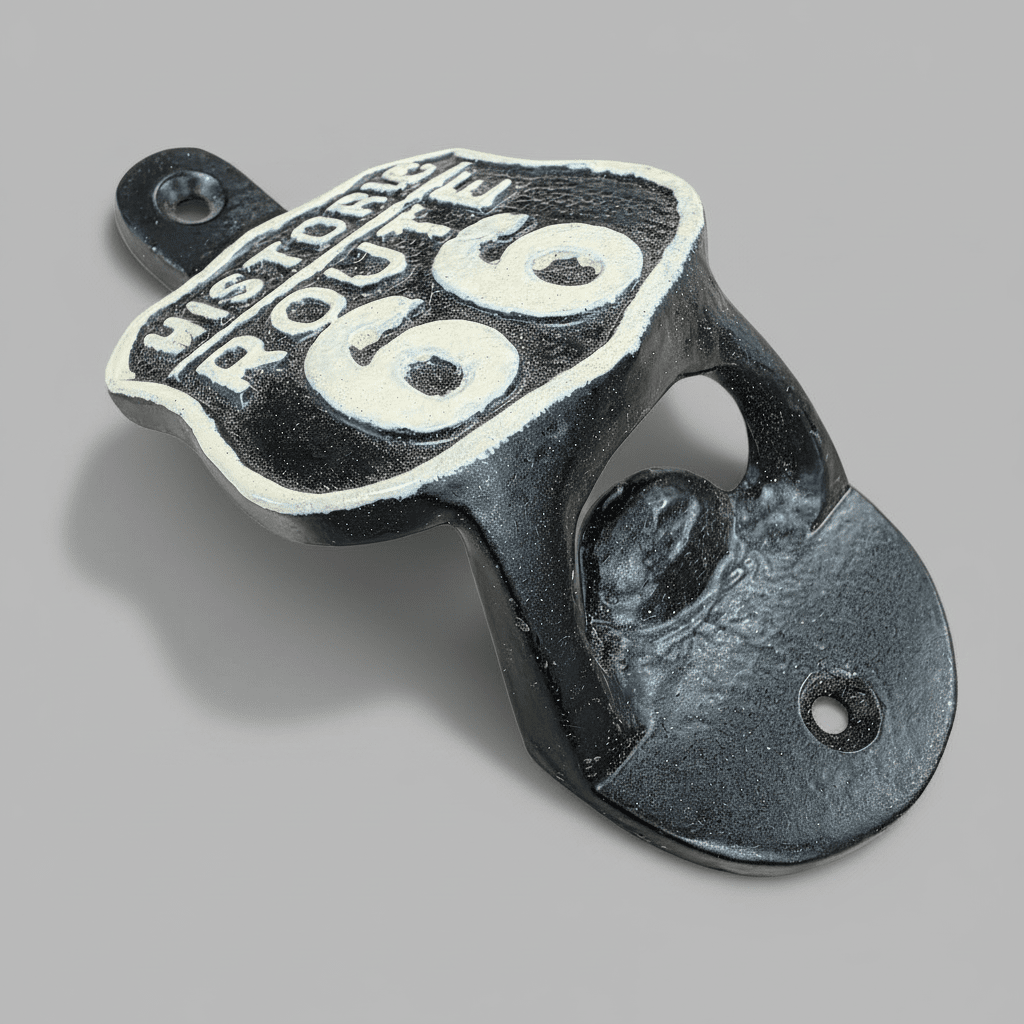 Jones Peak vintage style Route 66 wall-mounted bottle opener made of black and white cast iron.