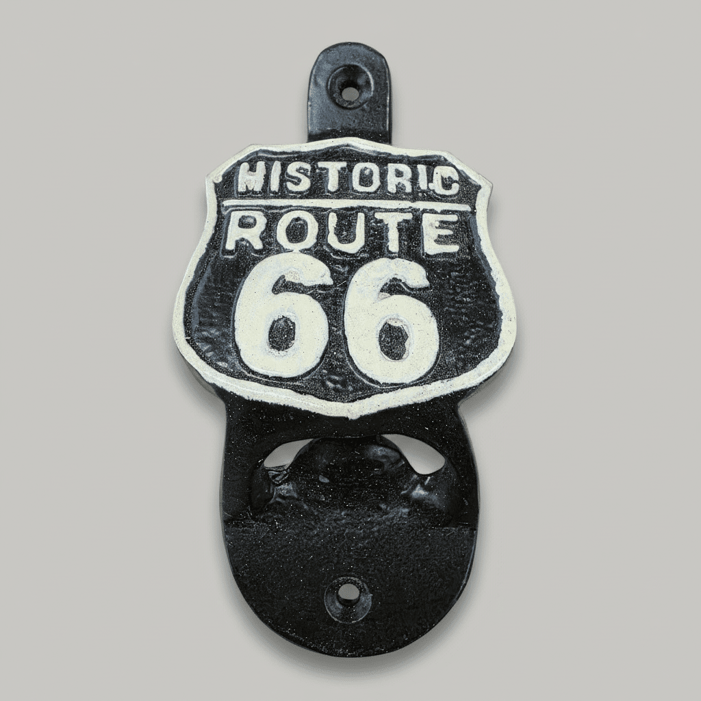 Jones Peak vintage style cast iron wall-mounted Route 66 bottle opener with black and white finish