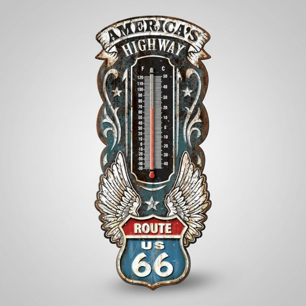 Jones Peak Route 66 America's Highway embossed metal wall thermometer with a vintage distressed finish and wing design.
