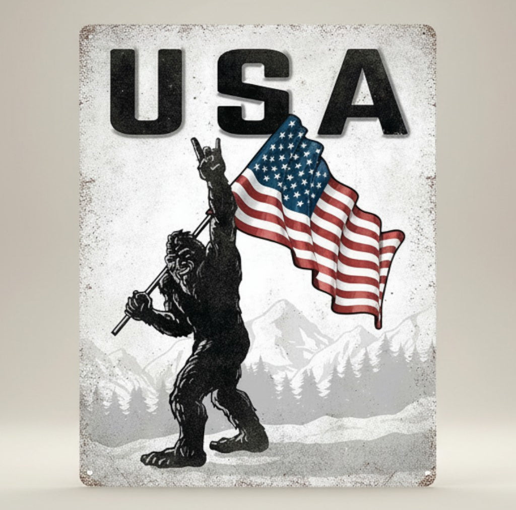 Jones Peak USA Sasquatch metal sign with American flag and mountains. Rustic wall decor.