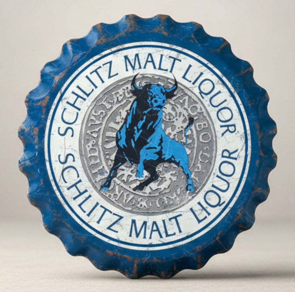 Schlitz Bull bottle cap metal sign with blue bull graphic and distressed blue and white finish