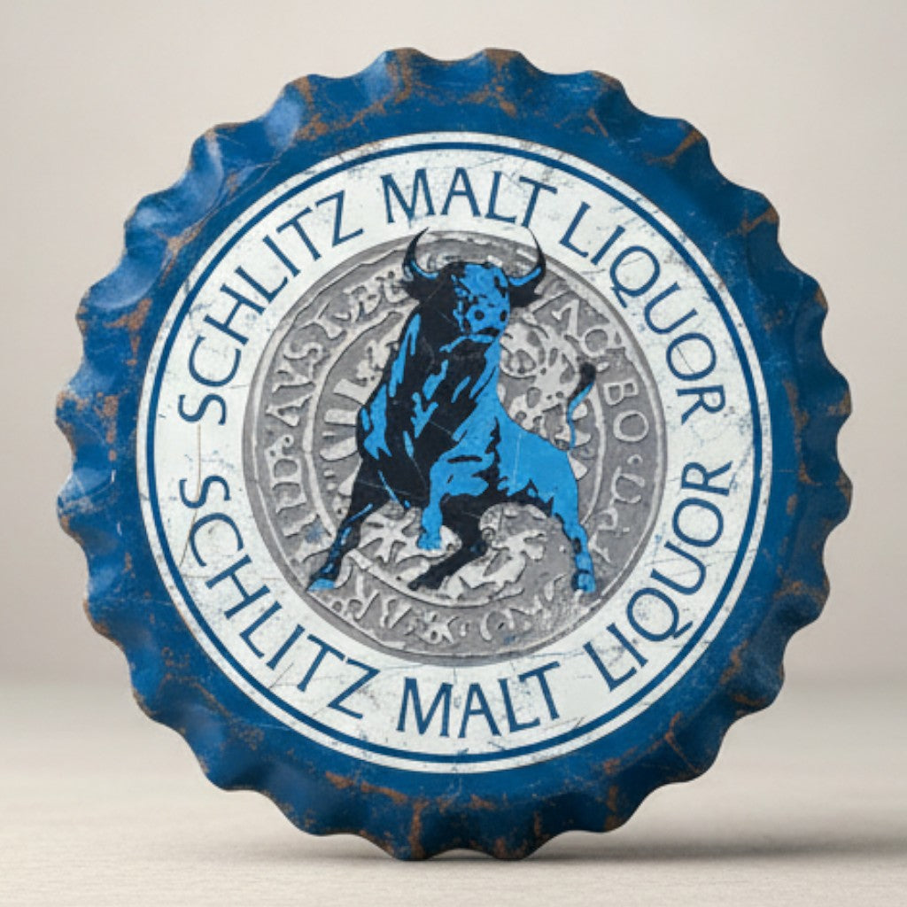 Schlitz Bull bottle cap metal sign with blue bull graphic and distressed blue and white finish