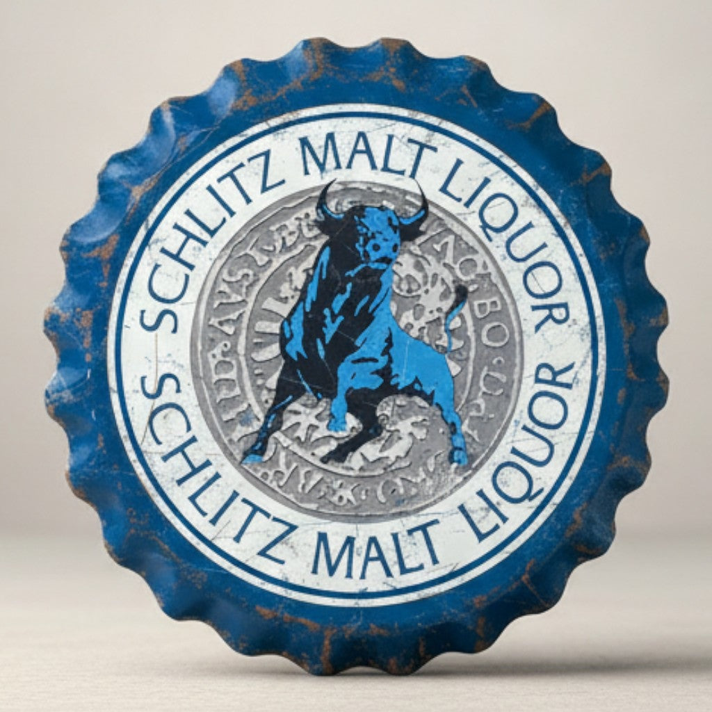 Schlitz Bull bottle cap metal sign with blue bull graphic and distressed blue and white finish