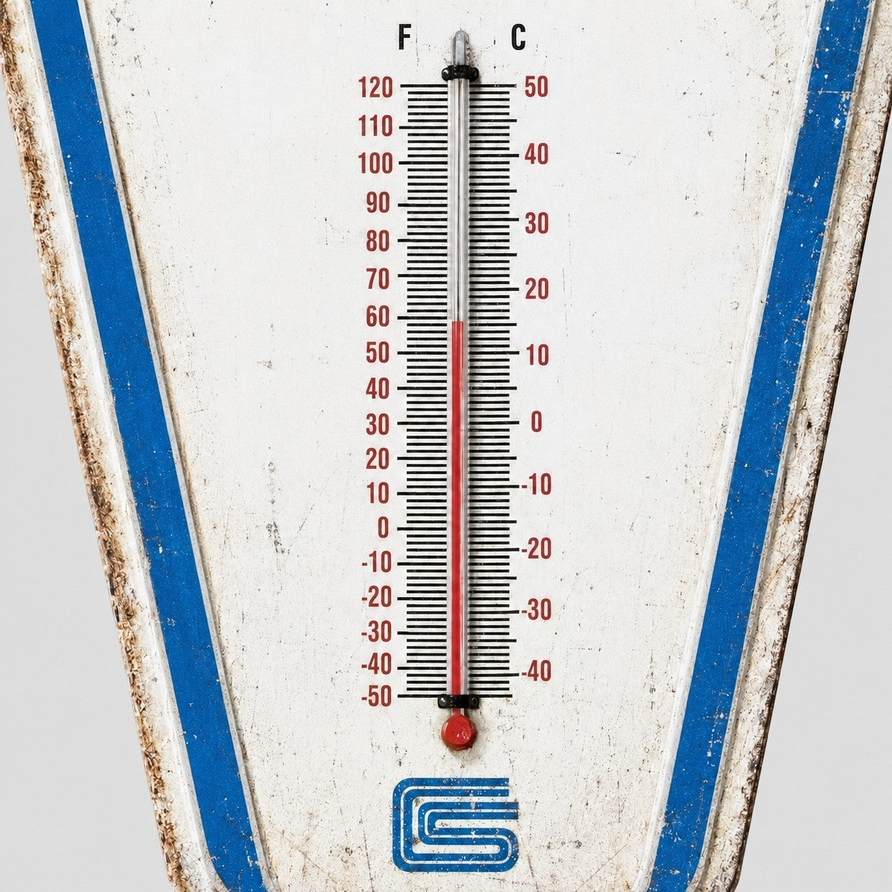 Jones Peak vintage-style Shelby American embossed metal thermometer with distressed white and blue finish
