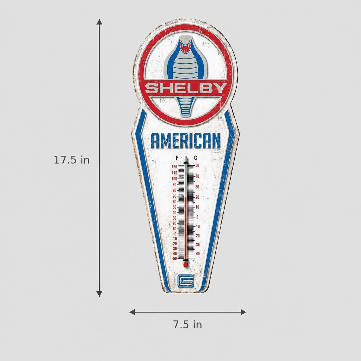 Jones Peak Shelby American embossed metal thermometer with vintage graphic design and dual temperature scale