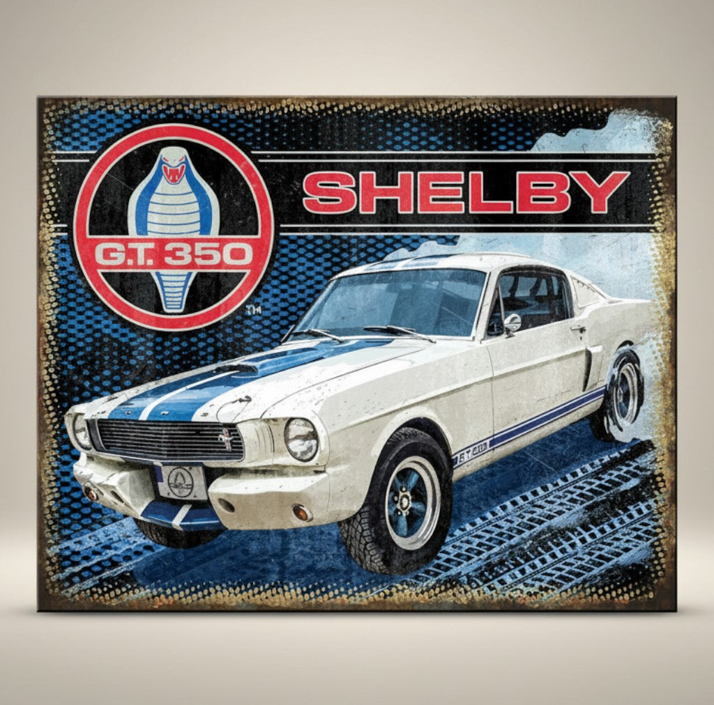 Jones Peak Shelby GT350 vintage wall sign featuring a white classic car with blue racing stripes.