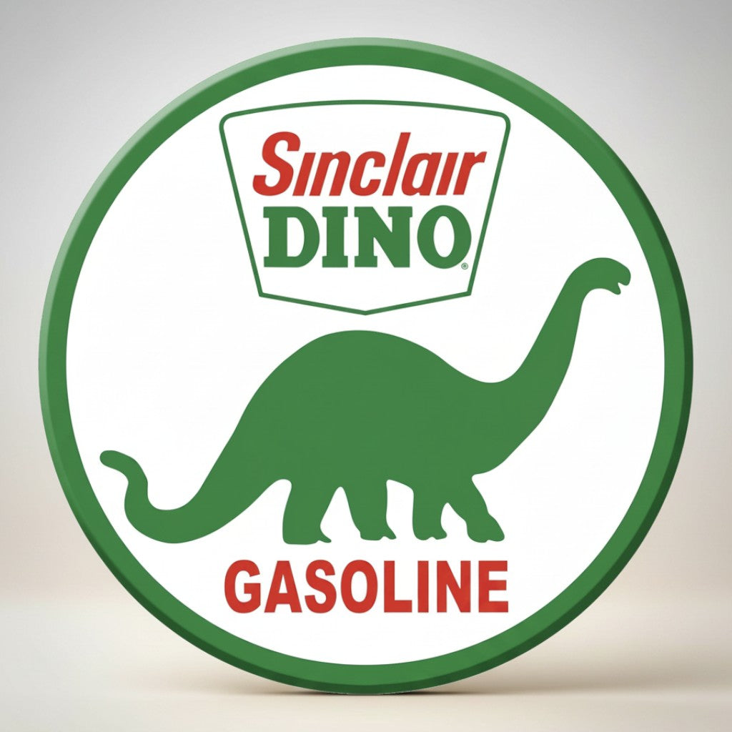 Jones Peak Sinclair Dino Gasoline round metal magnet with green dinosaur silhouette and red text.
