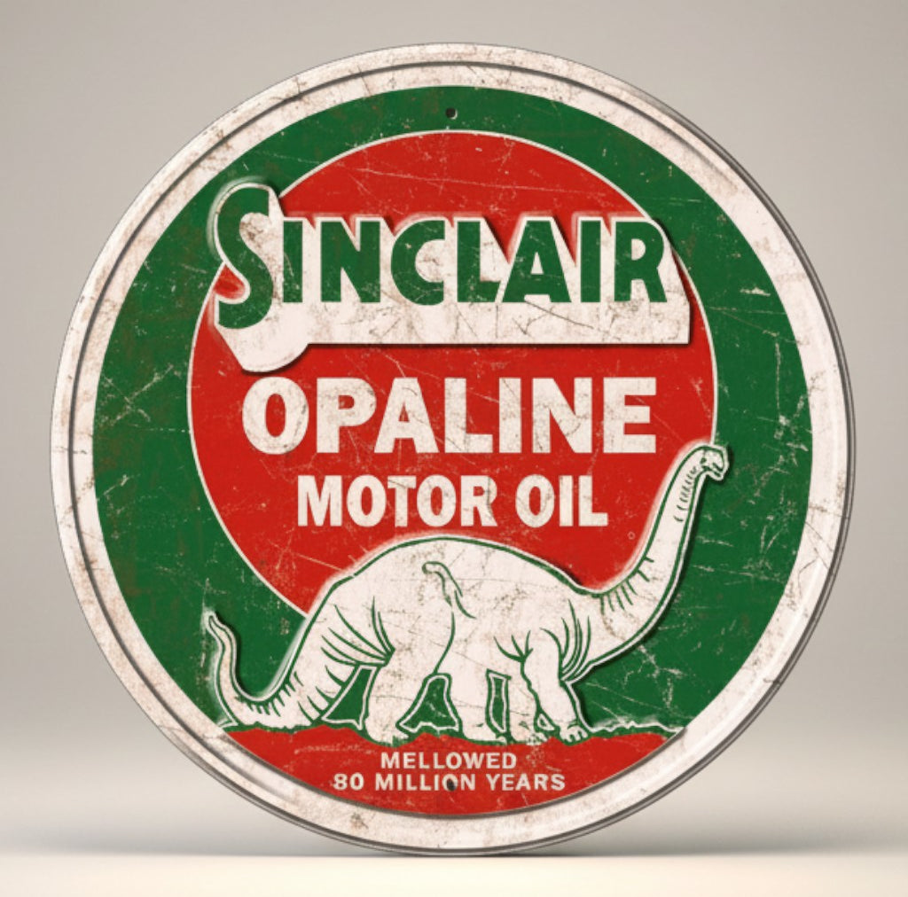 Jones Peak Sinclair Opaline Motor Oil metal sign with a dinosaur graphic. Red, green, and white.
