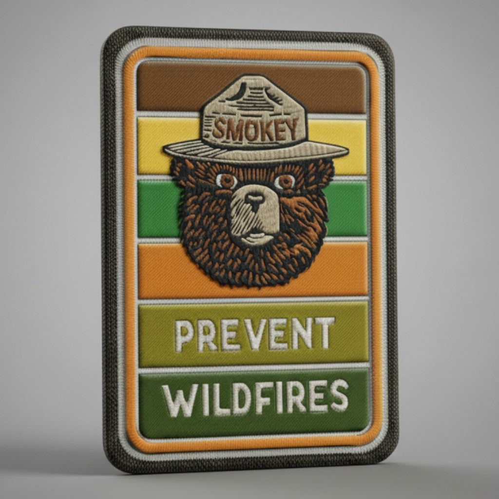 Jones Peak Smokey Bear Prevent Wildfires metal magnet with vintage-style colorful stripes and nostalgic graphic.