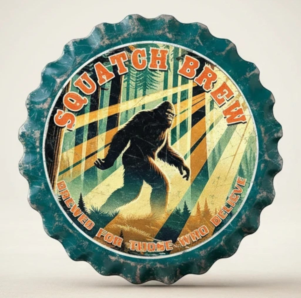 Squatch Brew bottle cap metal sign with Bigfoot silhouette in a forest setting