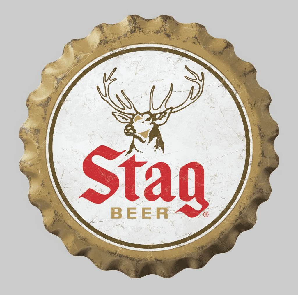 Jones Peak Stag Beer metal wall sign shaped like a vintage bottle cap with a distressed gold and white finish.