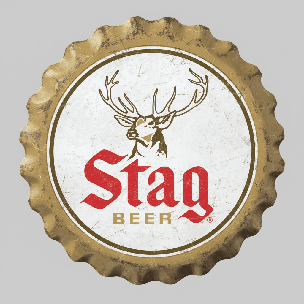 Jones Peak Stag Beer metal wall sign shaped like a vintage bottle cap with a distressed gold and white finish.