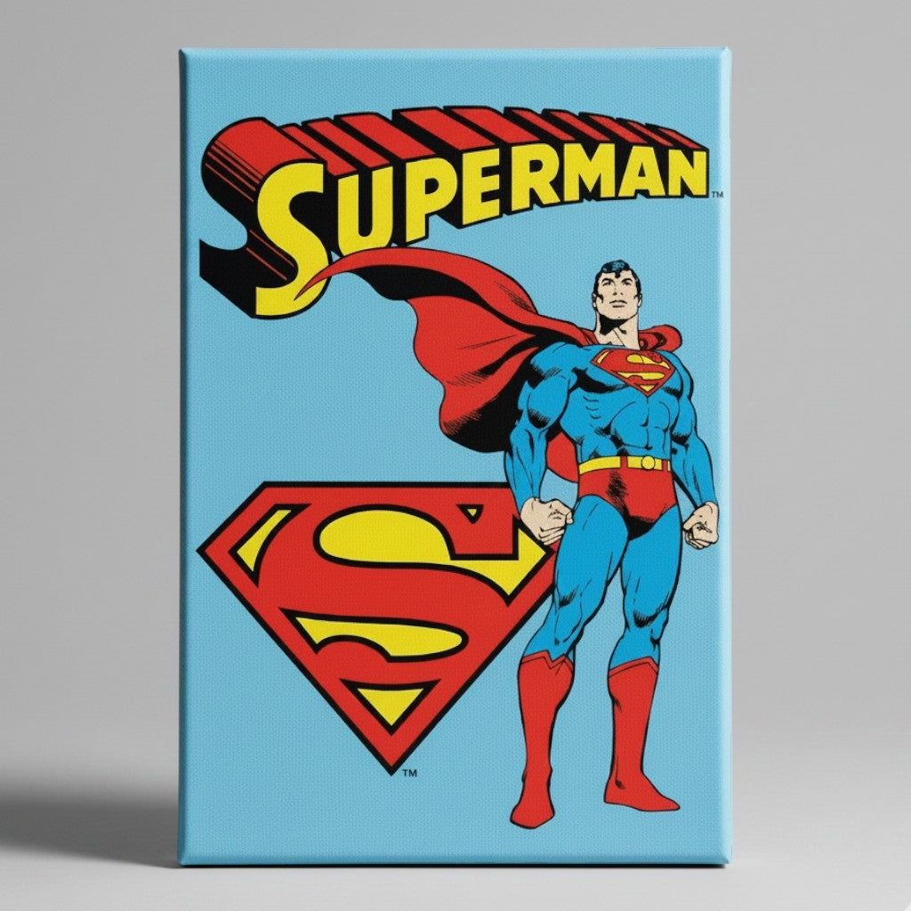 Jones Peak Superman retro metal magnet featuring classic comic book art on a light blue background
