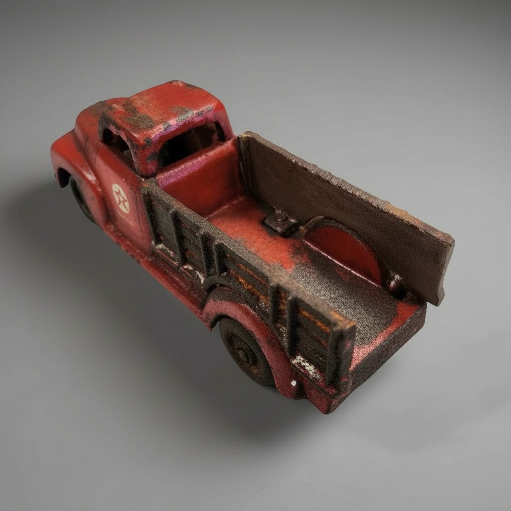 Jones Peak Texaco 1902 cast iron toy truck with a red hand-painted antique patina finish and moving wheels.