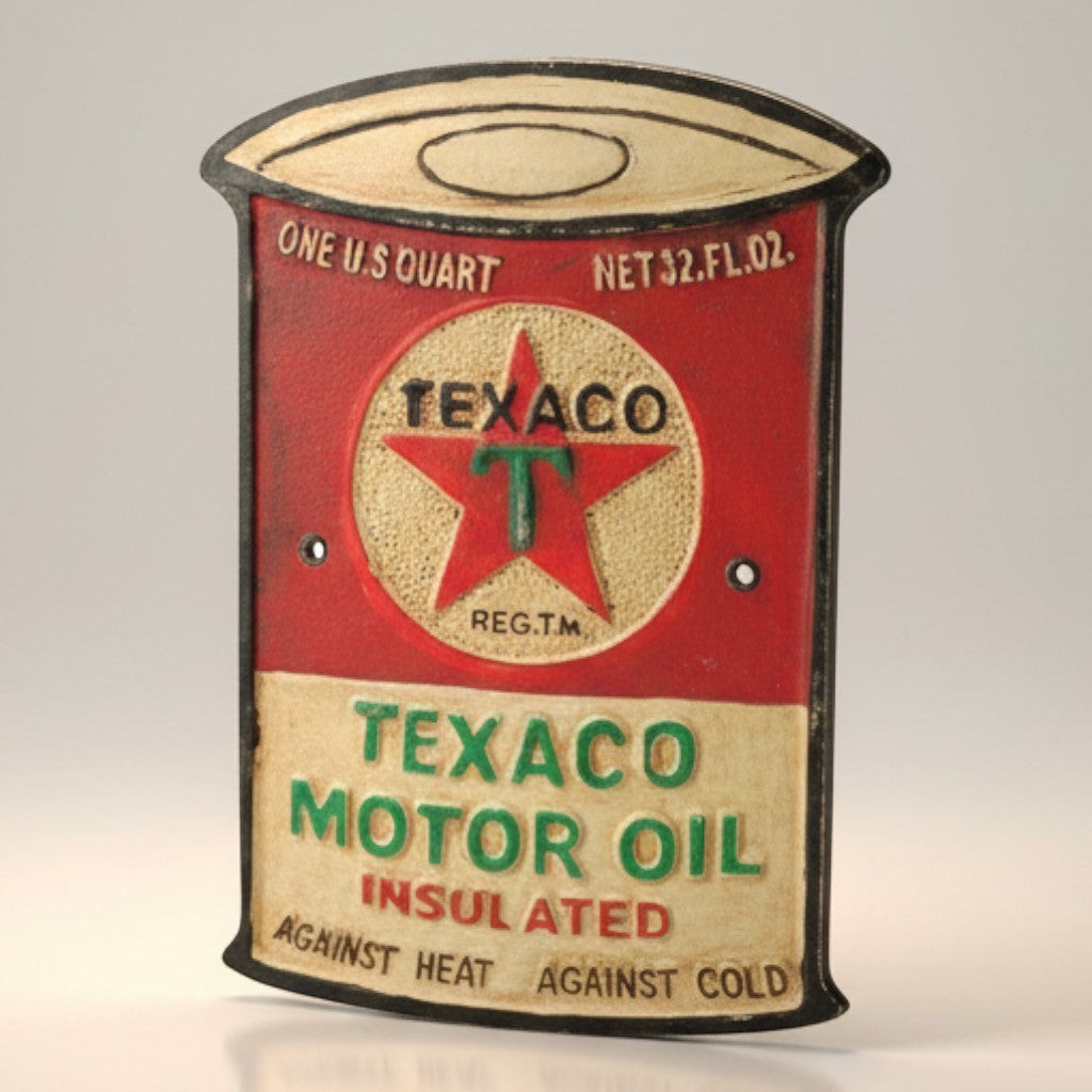 Jones Peak vintage Texaco Motor Oil aluminum plaque, red and cream with embossed details, 8" x 5.5"