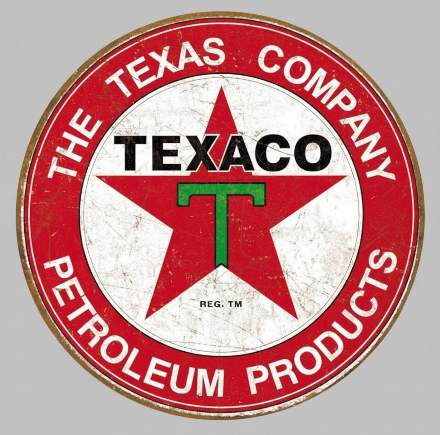 Jones Peak vintage-style round embossed metal Texaco The Texas Company sign with red star and white distressed finish
