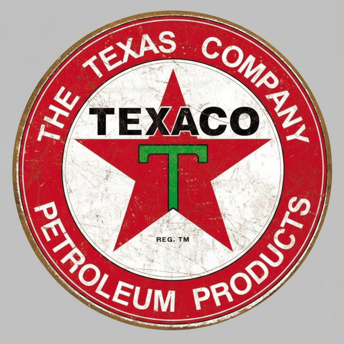 Texaco The Texas Company round embossed metal sign with red star and distressed white finish