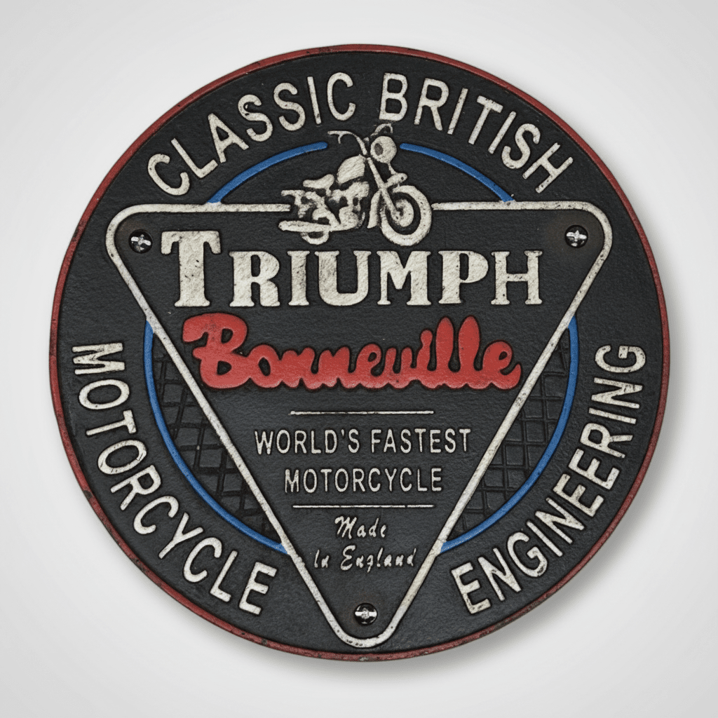 Jones Peak round cast iron Triumph Bonneville motorcycle plaque with hand-painted antique patina and raised details.