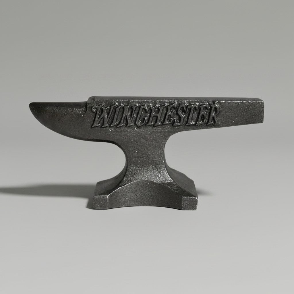 Jones Peak Winchester 1929 cast iron anvil paperweight with a distressed antique finish on a neutral background.