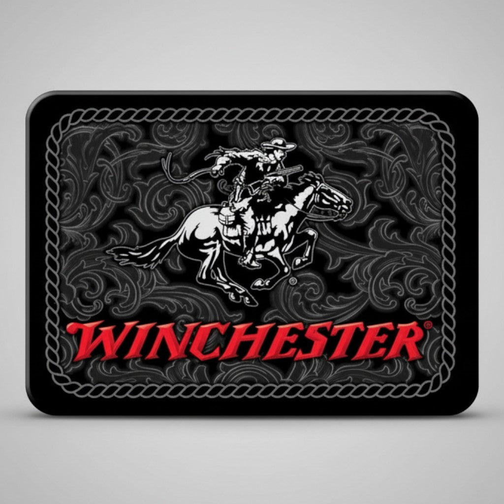 Jones Peak Winchester Rider buckle magnet featuring a vintage cowboy on horseback graphic with red logo on black metal